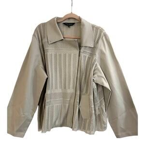MING WANG Plus Size Tailored Moto Jacket Zip-Front Mixed-Media Mesh Limestone 2X
